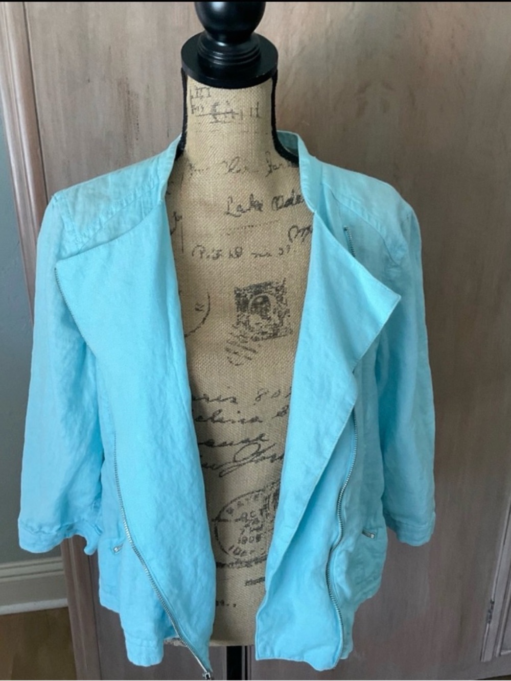 Chico's linen sky blue zip-front moto jacket L